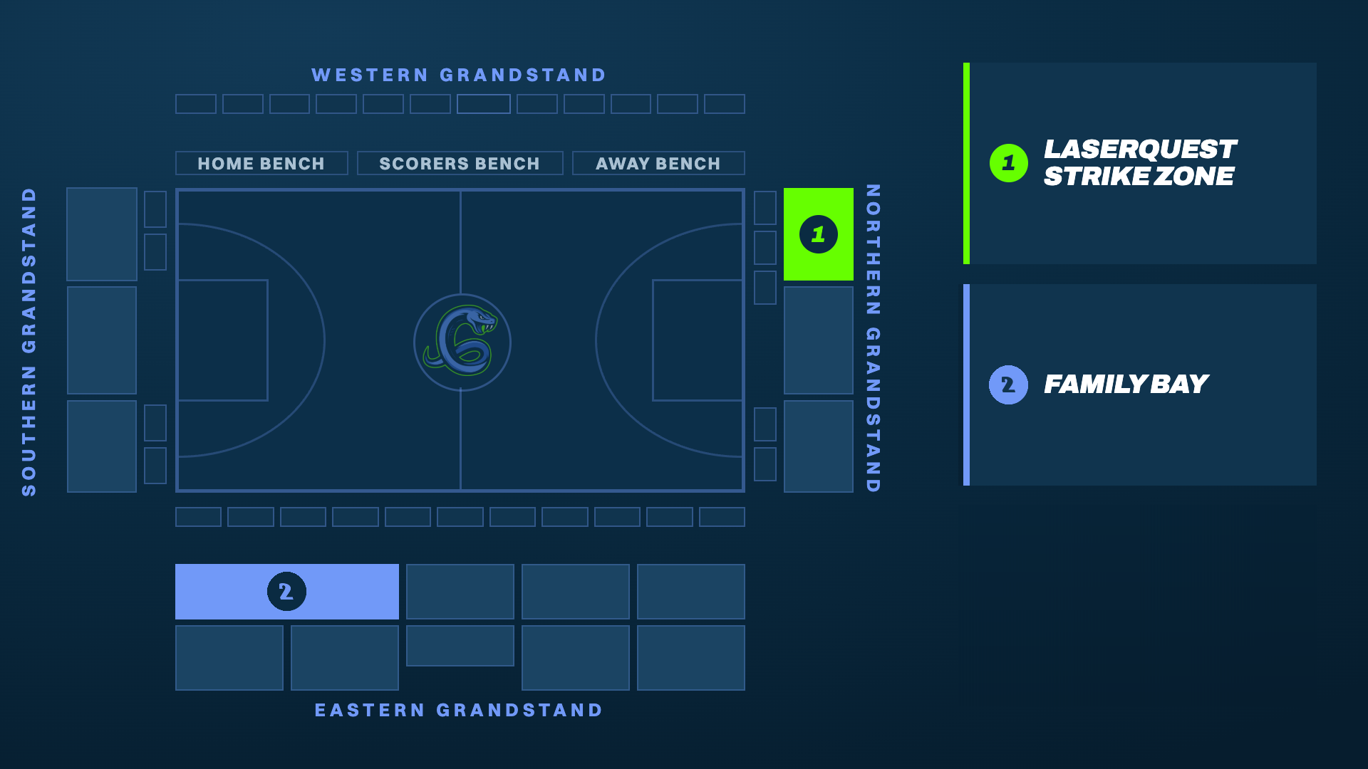 Geelong Arena seating map showing the Laserquest Strike Zone and Family Bay locations