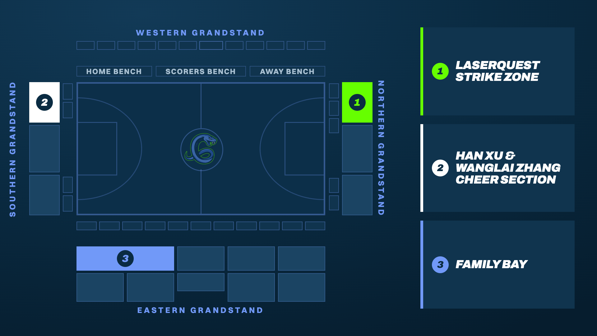 Geelong Arena seating map showing the Laserquest Strike Zone, Han Xu & Wanglai Zhang Cheer Section, and Family Bay locations